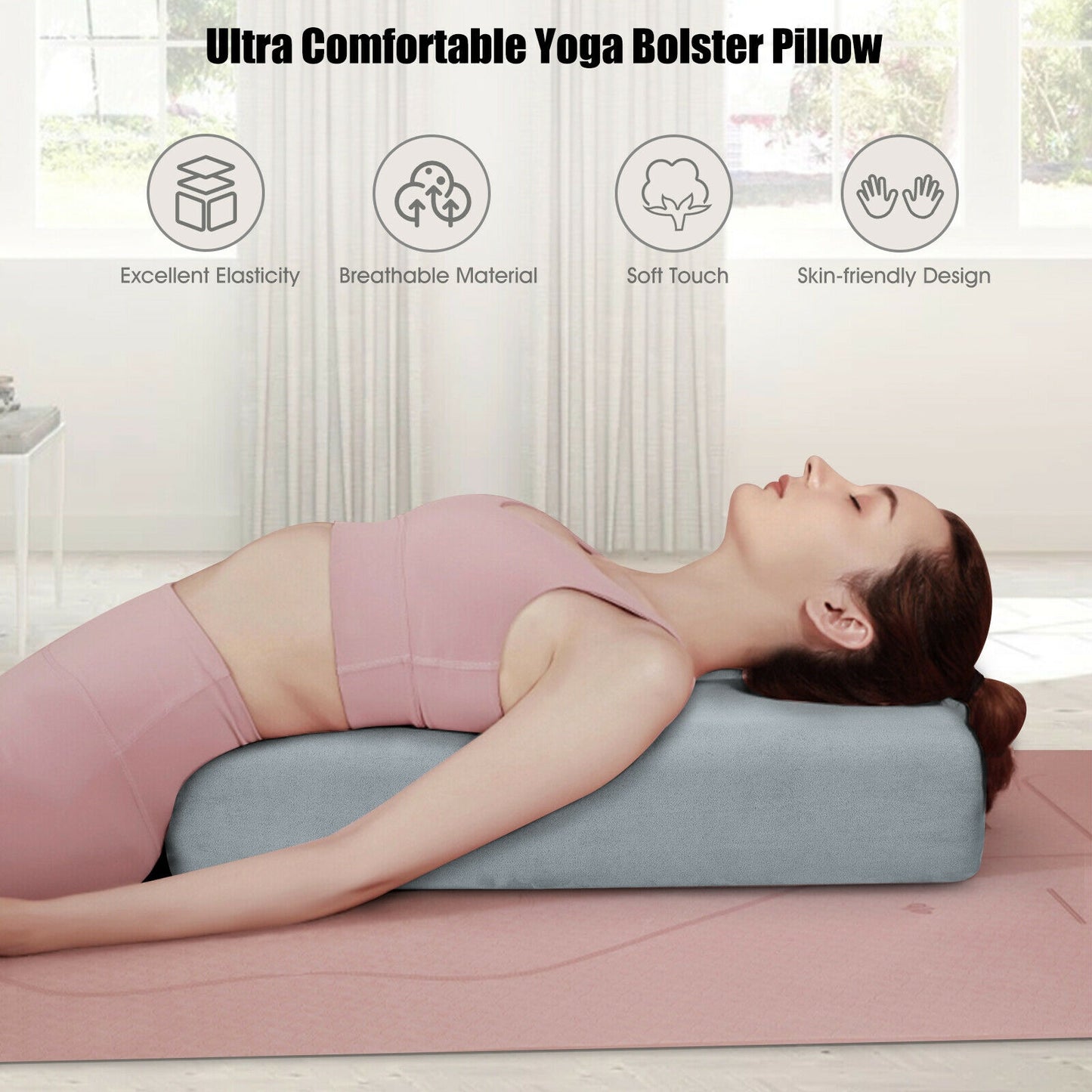 Yoga Bolster Pillow with Washable Cover and Carry Handle-Green - Gray