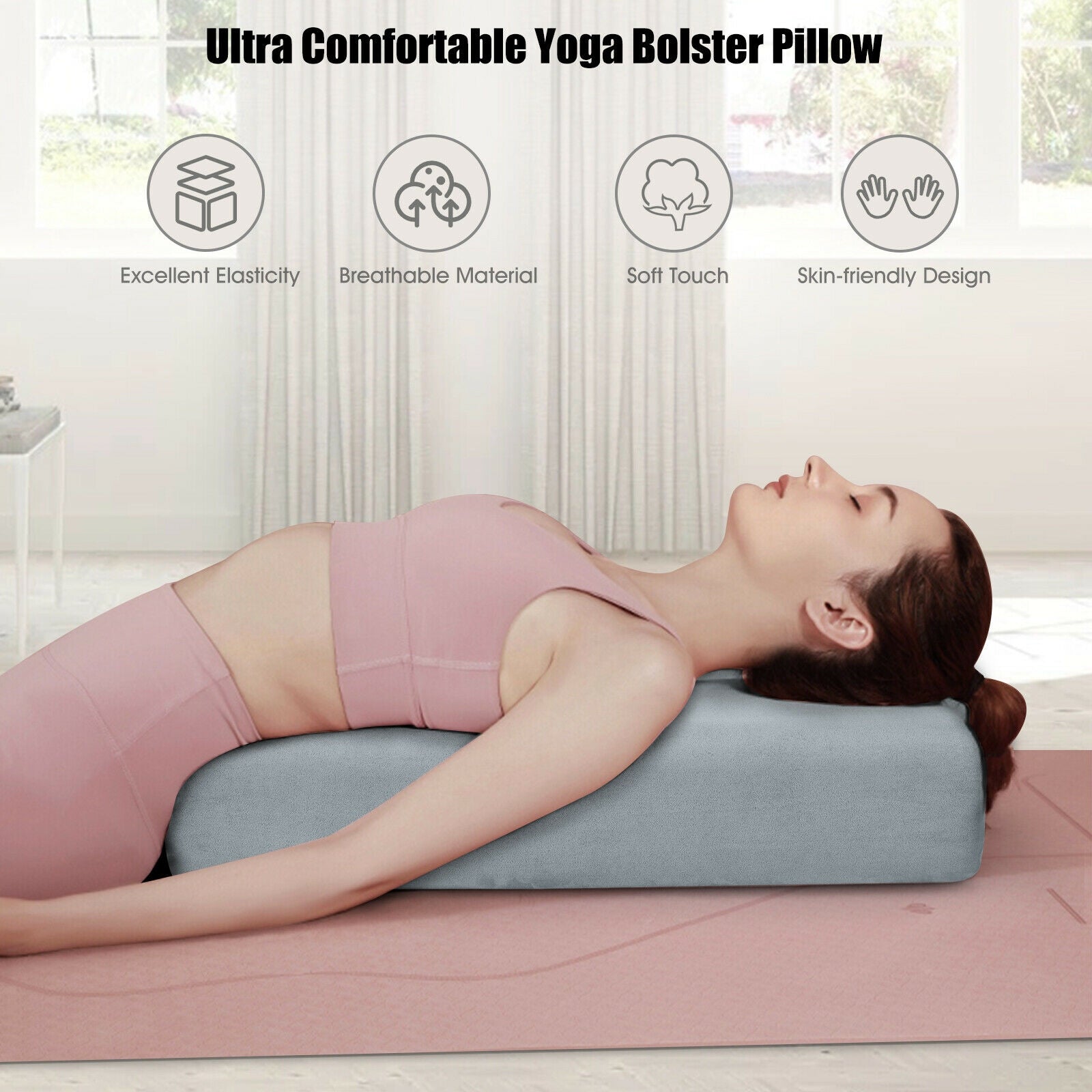 Yoga Bolster Pillow with Washable Cover and Carry Handle-Green - Gray