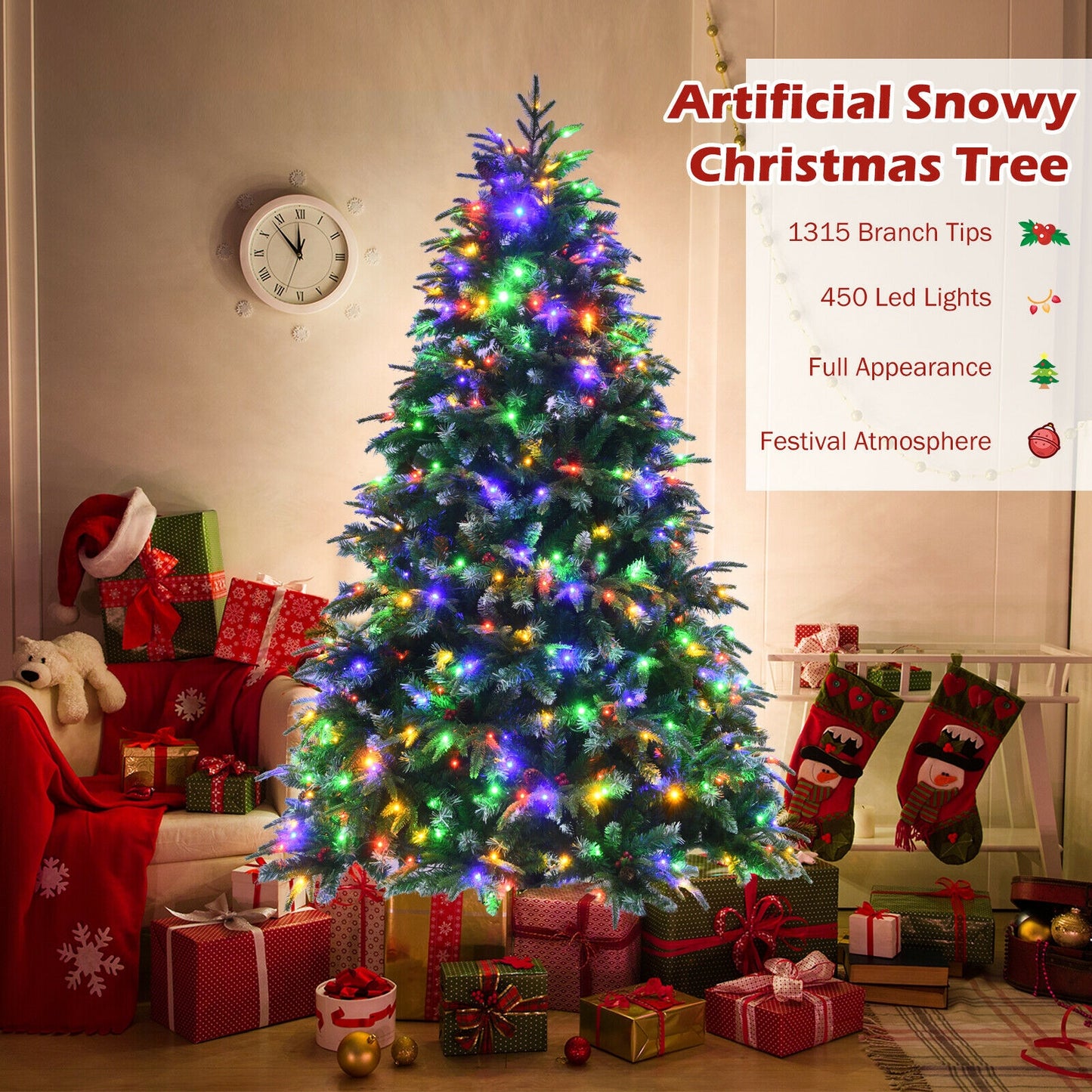 Pre-Lit Snowy Christmas Hinged Tree with Multi-Color Lights-7'