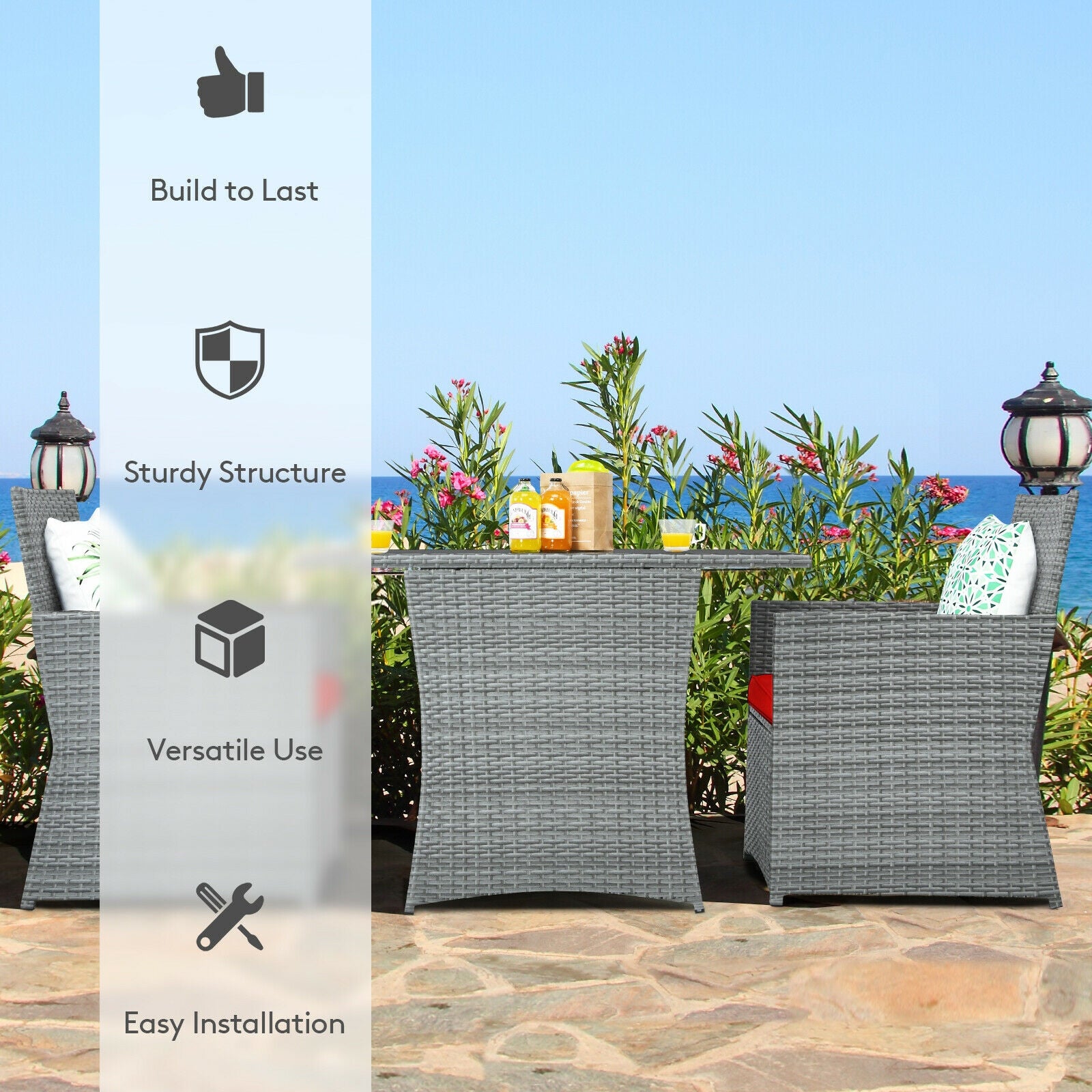 3 Pieces Patio Rattan Furniture Set with Cushioned Armrest Sofa-Turquoise - Red