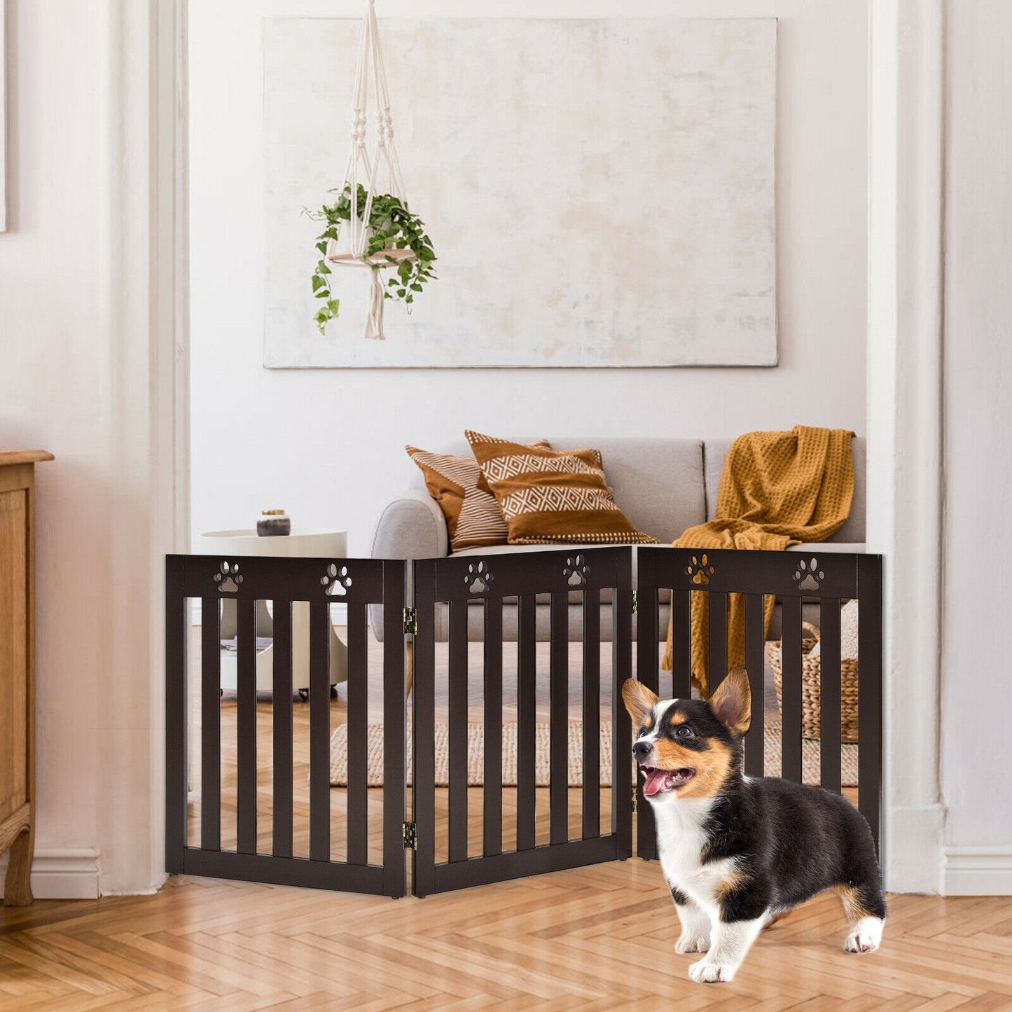 24 Inch Folding Wooden Freestanding Dog Gate with 360¬∞ Flexible Hinge for Pet-Dark Brown