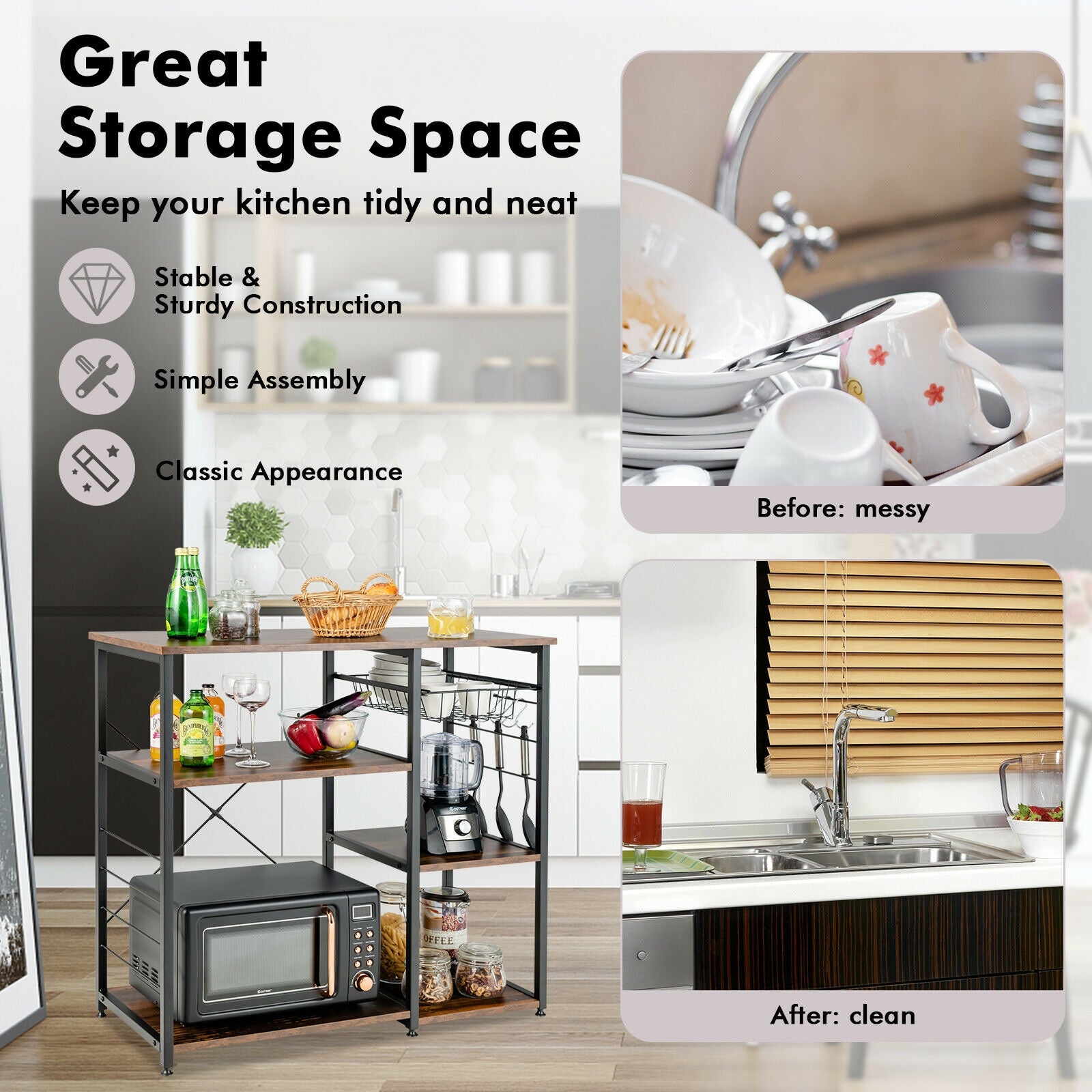 Industrial Kitchen Baker's Rack Microwave Shelf with 6 Hooks