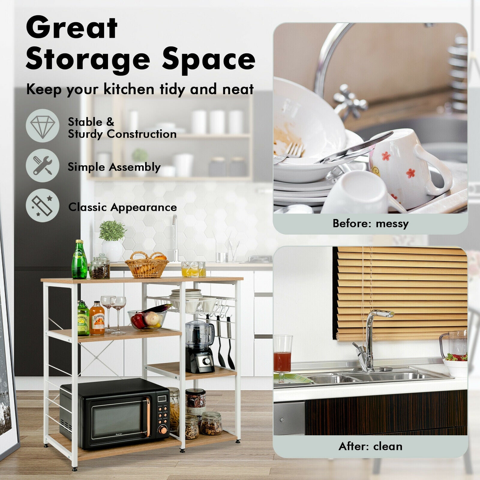 Industrial Kitchen Baker's Rack Microwave Shelf with 6 Hooks
