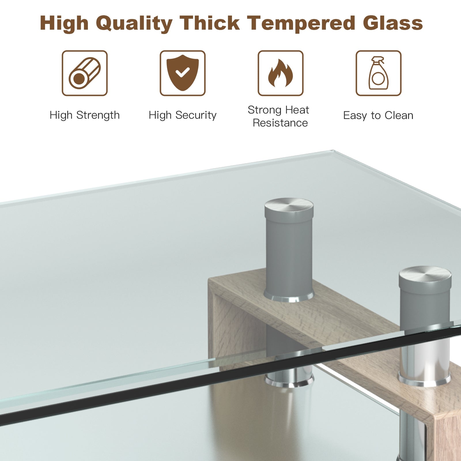 Rectangle Glass Coffee Table with Metal Legs for Living Room-Natural