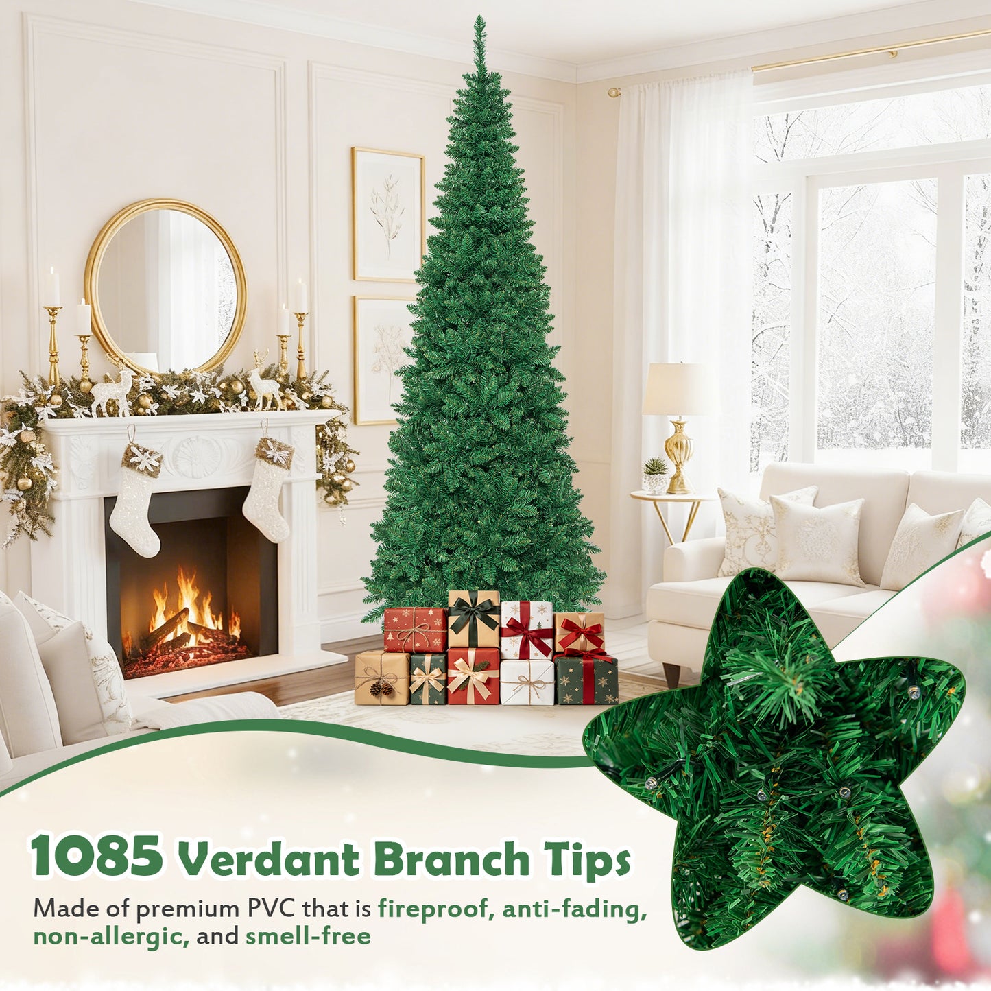 6.5 Feet / 7.5 Feet Pre-Lit Hinged Artificial Pencil Christmas Tree-7.5 Feet