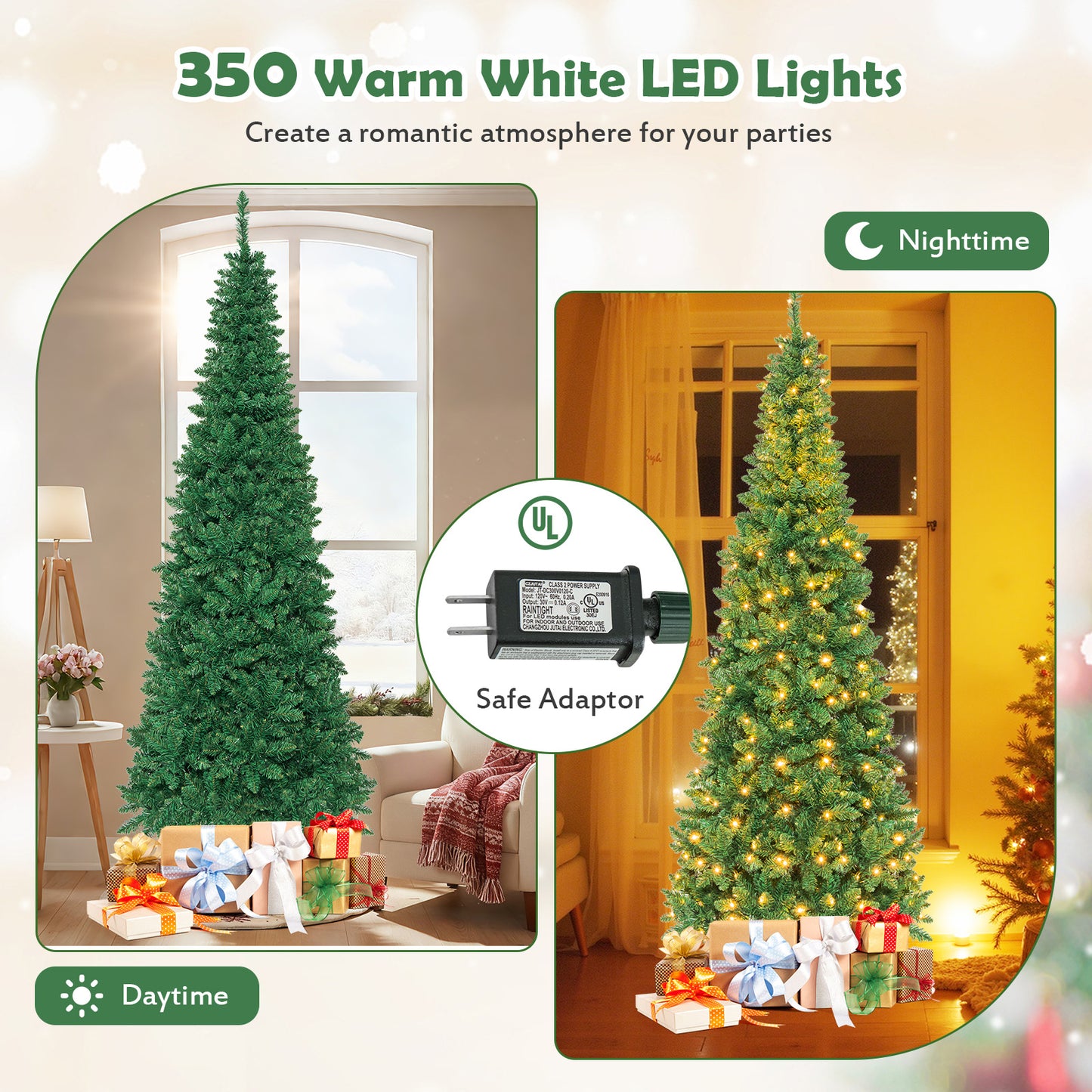 6.5 Feet / 7.5 Feet Pre-Lit Hinged Artificial Pencil Christmas Tree-7.5 Feet