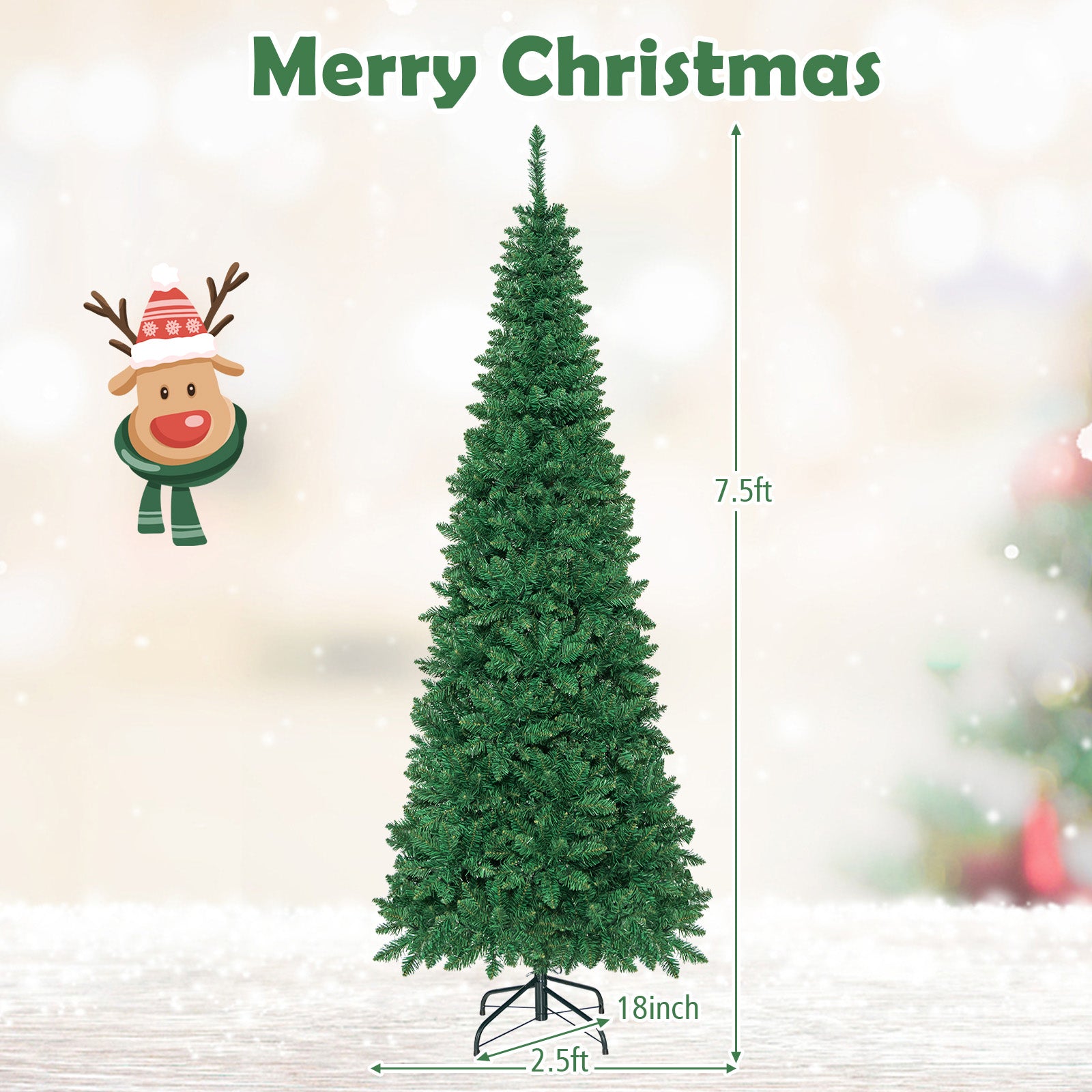 6.5 Feet / 7.5 Feet Pre-Lit Hinged Artificial Pencil Christmas Tree-7.5 Feet