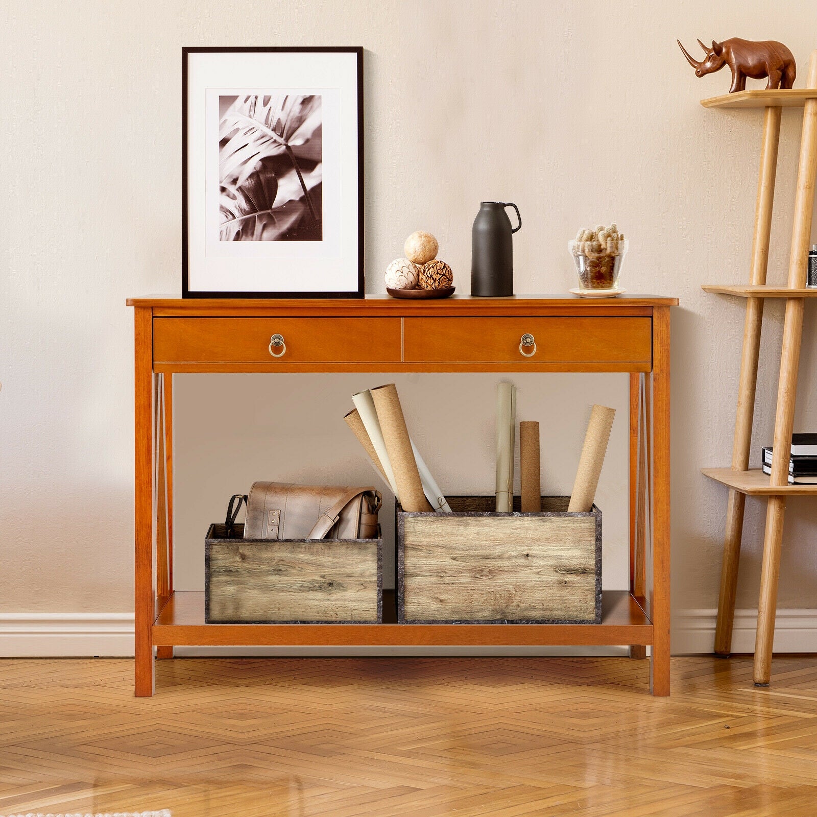 Console Table with Drawer Storage Shelf for Entryway Hallway-Cherry