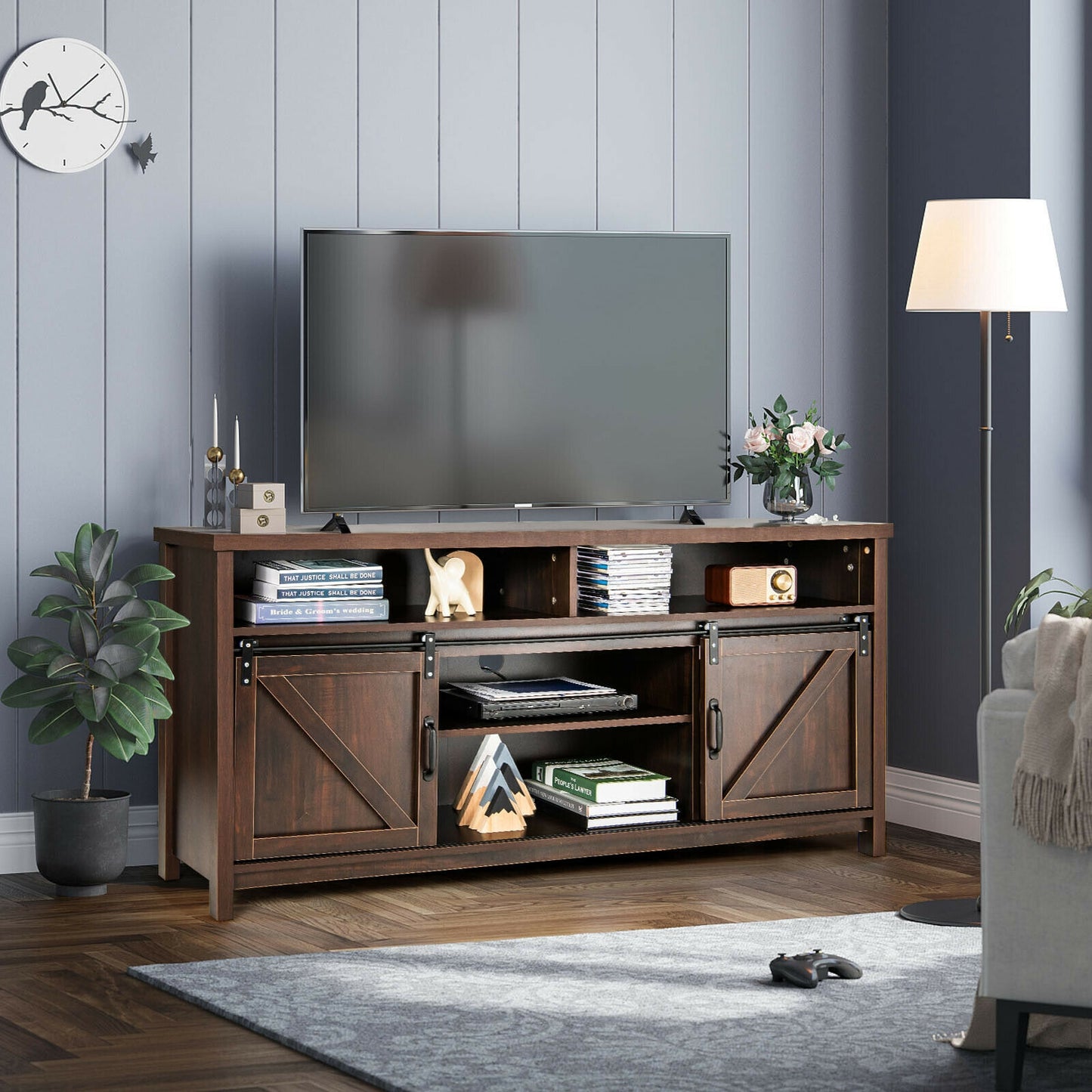 59 Inch Sliding Barn Door TV Stand with Adjustable Shelves for TVs up to 65 Inch