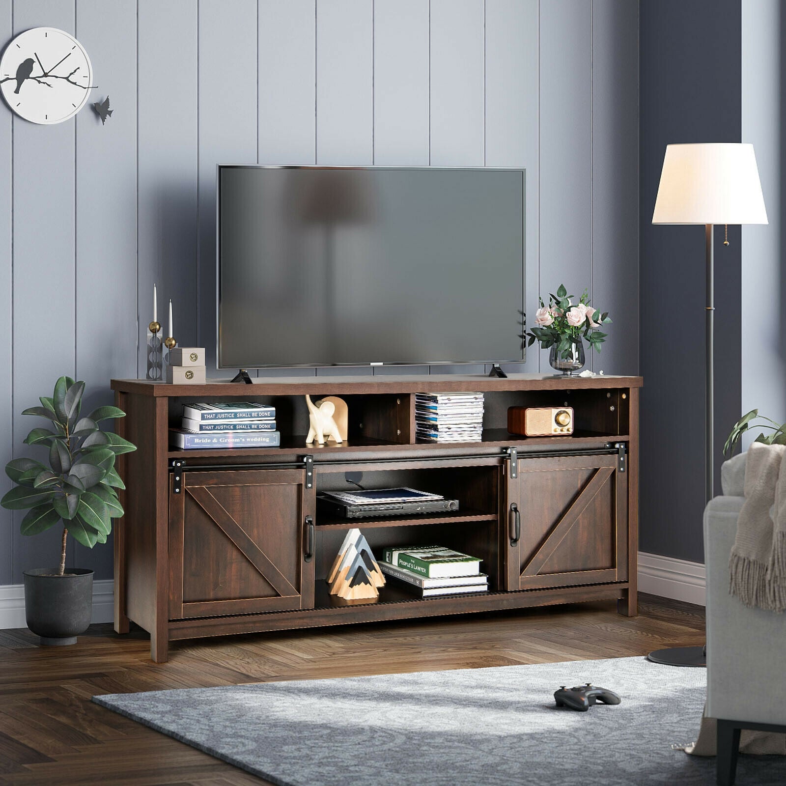 59 Inch Sliding Barn Door TV Stand with Adjustable Shelves for TVs up to 65 Inch