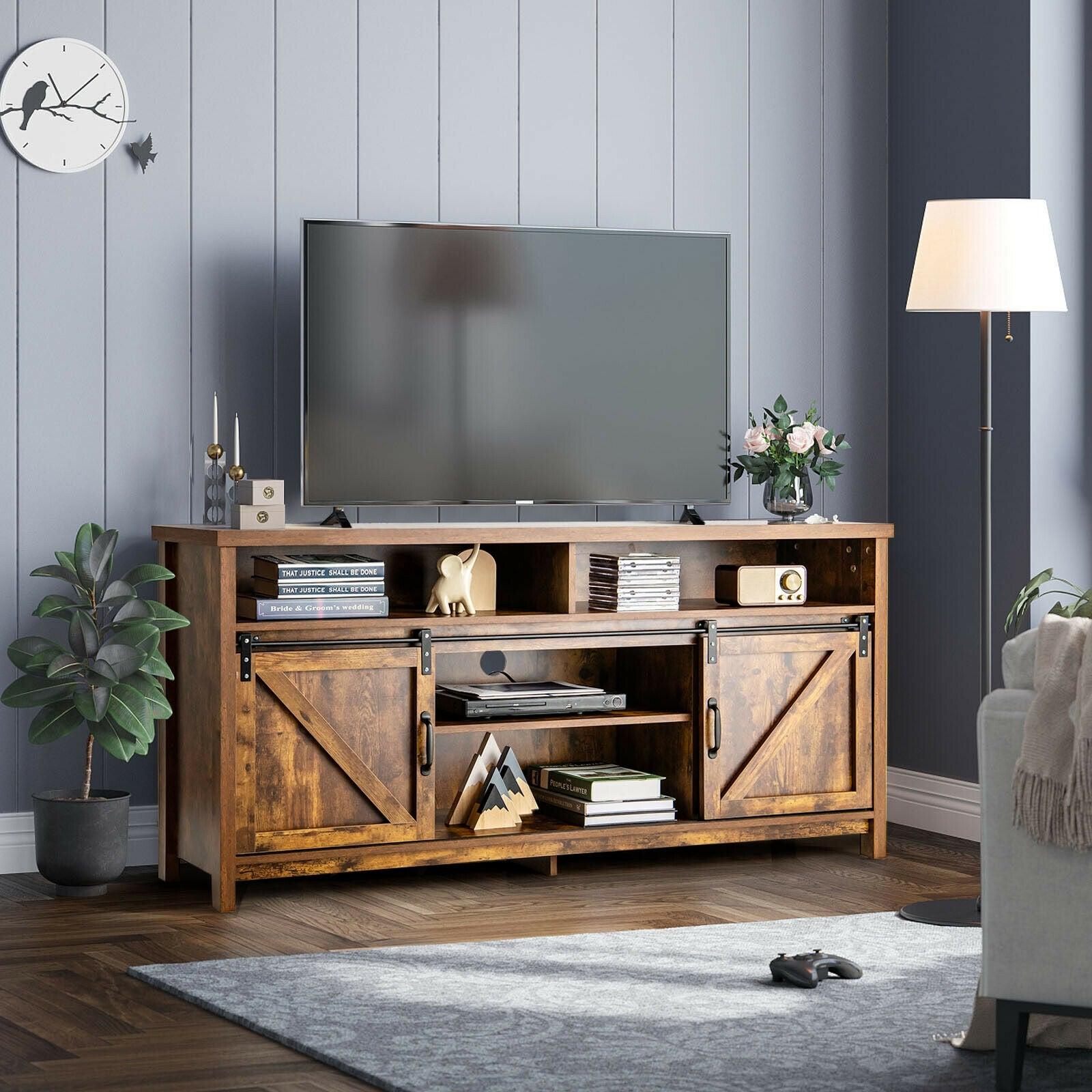 59 Inch Sliding Barn Door TV Stand with Adjustable Shelves for TVs up to 65 Inch