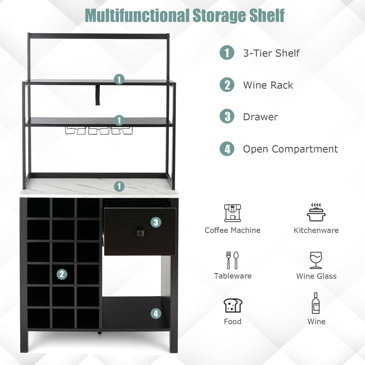 Kitchen Bakers Rack Freestanding Wine Rack Table with Glass Holder and Drawer
