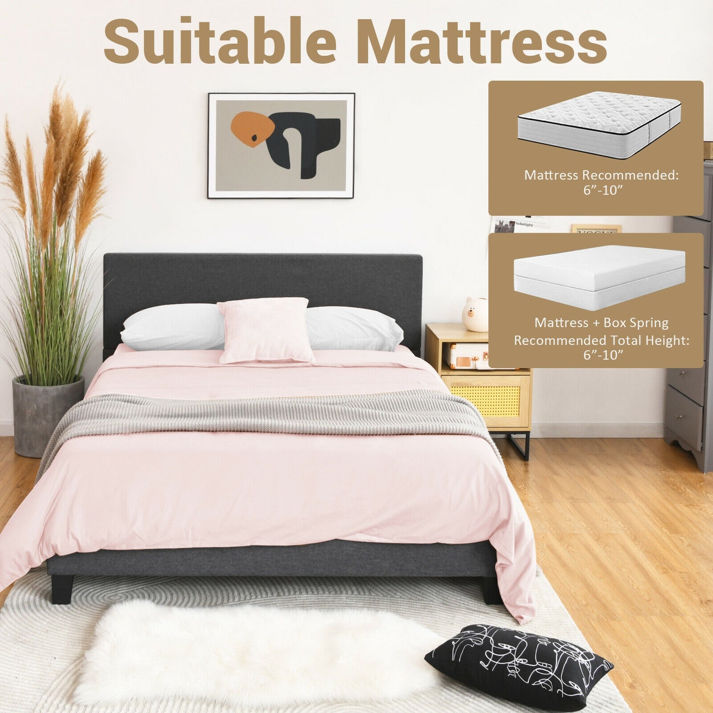 Full/Queen Size Upholstered Platform Bed Frame with Linen Headboard-Full Size