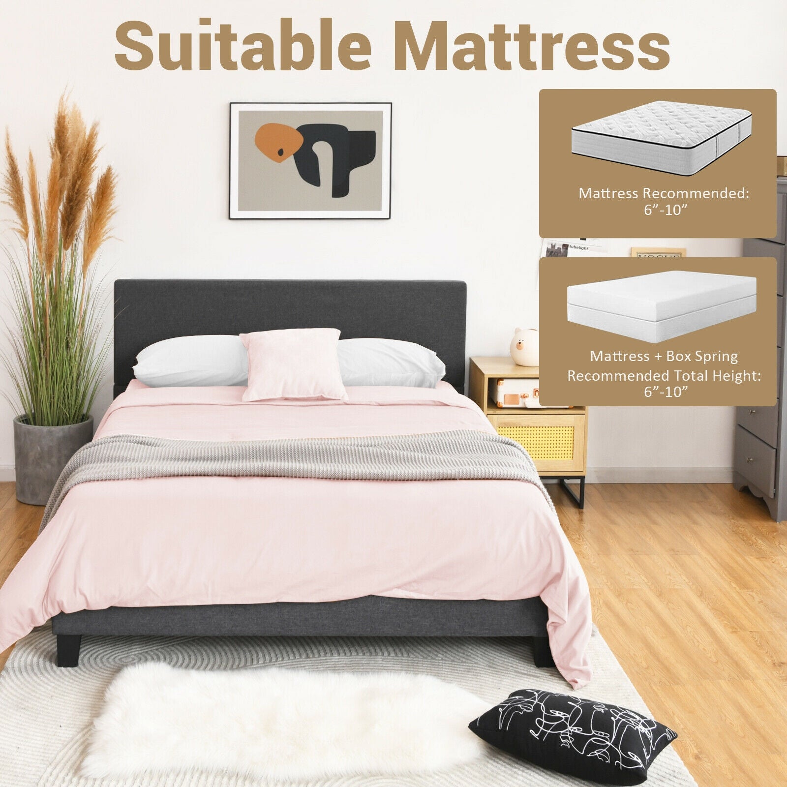 Full/Queen Size Upholstered Platform Bed Frame with Linen Headboard-Full Size