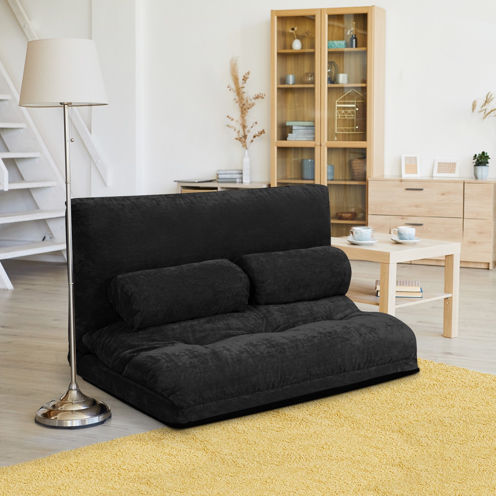 6-Position Adjustable Sleeper Lounge Couch with 2 Pillows-Black