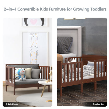 2-in-1 Convertible Kids Wooden Bedroom Furniture with Guardrails