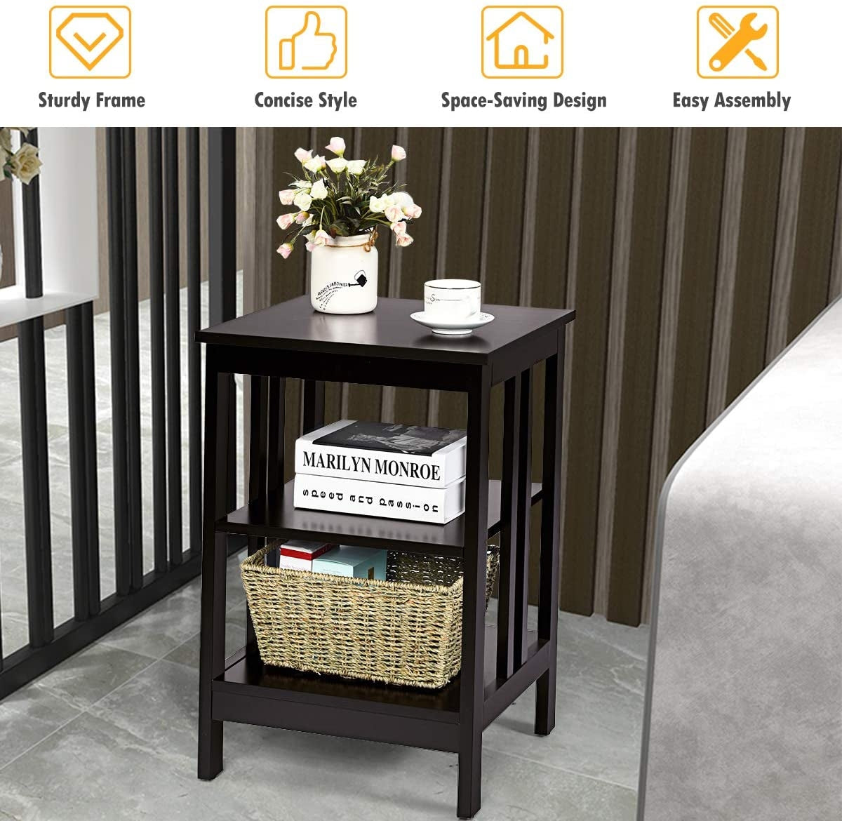 2 Pieces 3-Tier Nightstand with Reinforced Bars and Stable Structure-Dark Brown