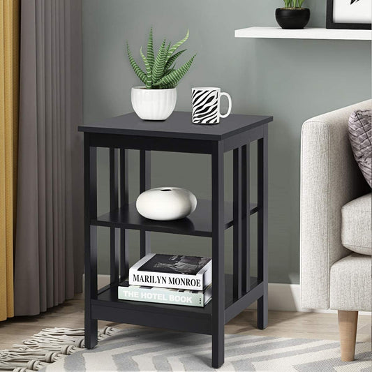 2 Pieces 3-Tier Nightstand with Reinforced Bars and Stable Structure-Black