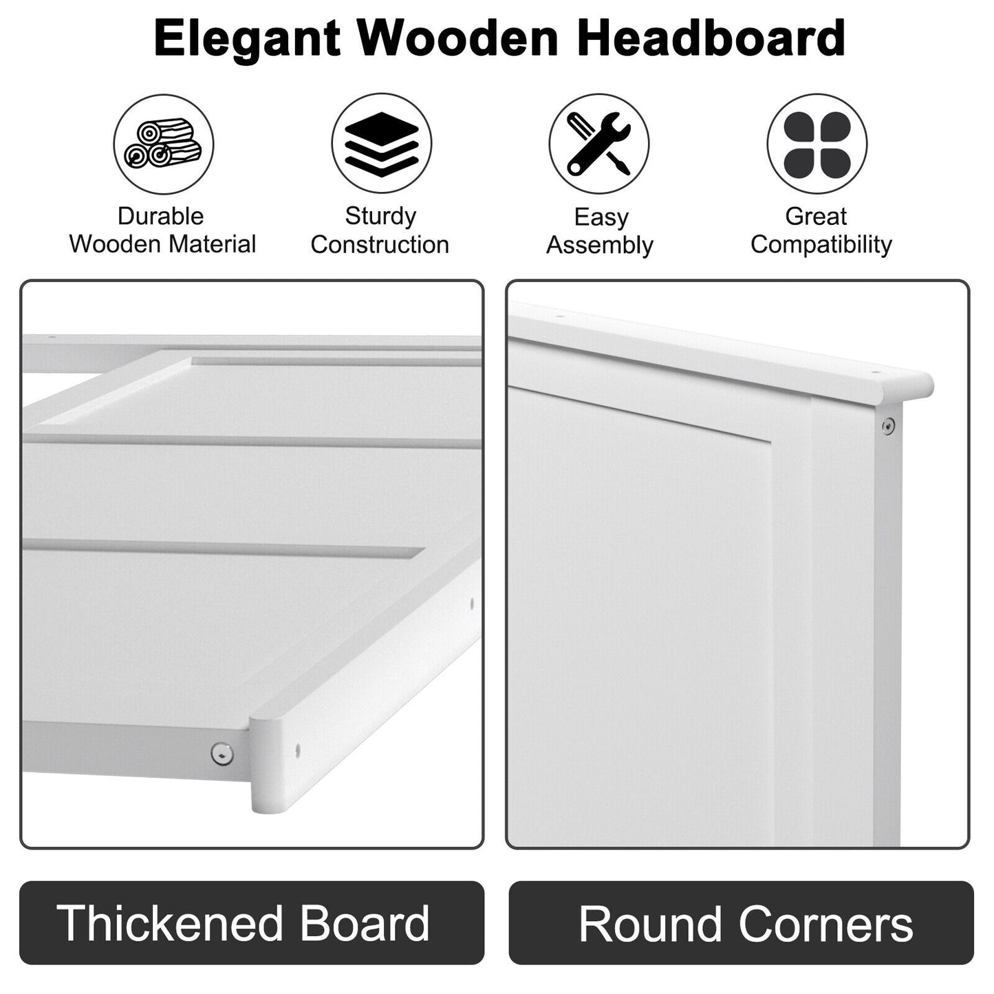 Full Wood Headboard Flat Panel with Pre-drilled Holes and Height Adjustment-White