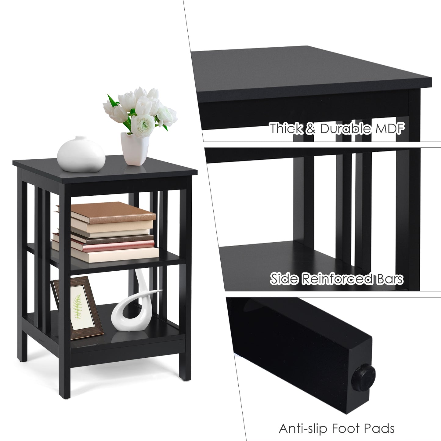3-Tier Nightstand Sofa Side Table with Baffles and Round Corners-Black