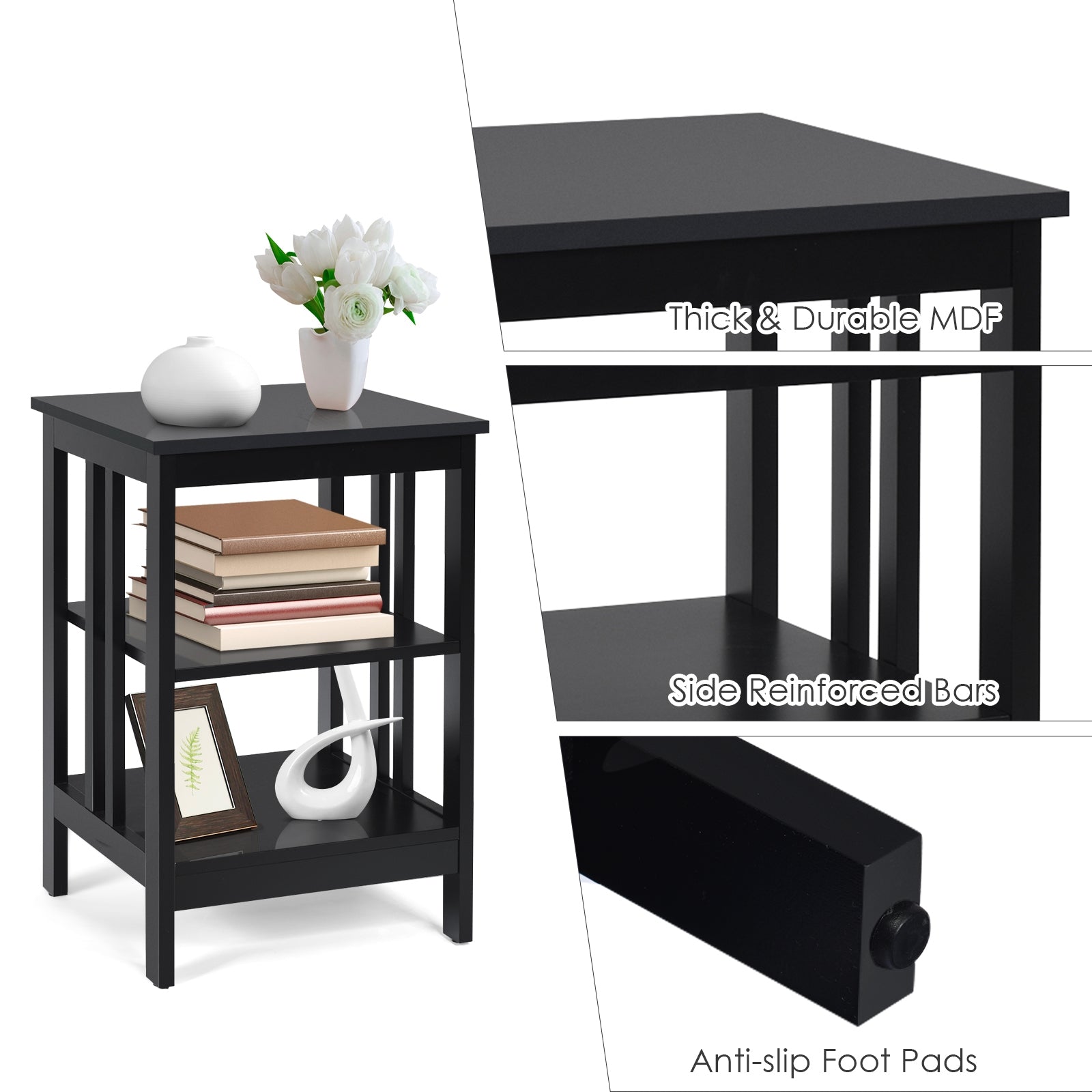 3-Tier Nightstand Sofa Side Table with Baffles and Round Corners-Black
