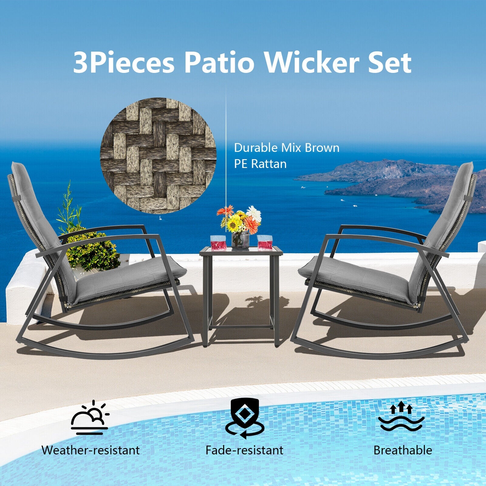 3 Pieces Patio Rattan Rocking Furniture Set-Gray - Gray
