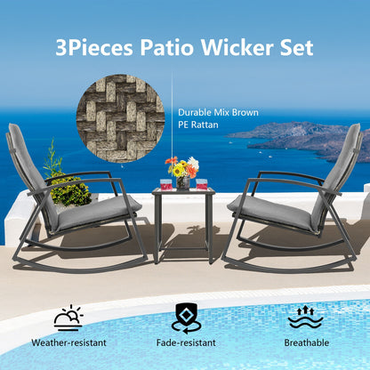 3 Pieces Patio Rattan Rocking Furniture Set-Gray - Gray