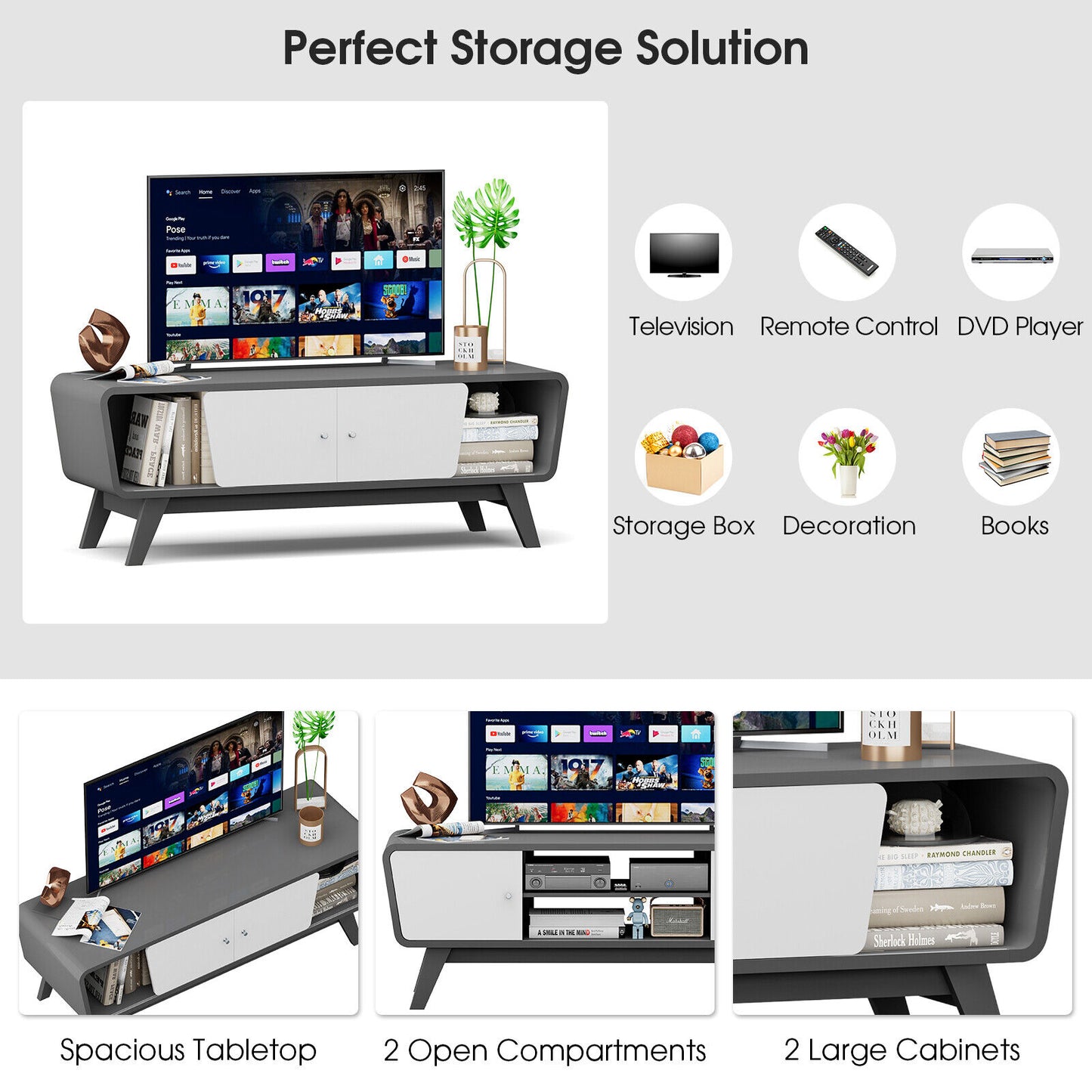 Sliding Door TV Stand with Adjustable Shelf for TVs up to 55 Inch-Gray
