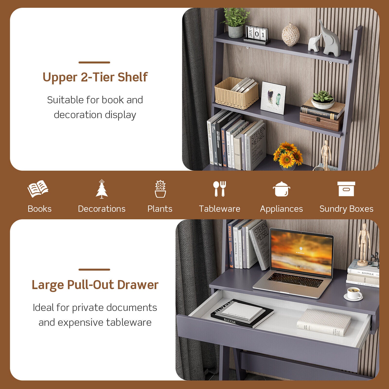 Ladder Shelf Desk Bookcase with Countertop Drawer and 2 Shelves-Gray - Gray