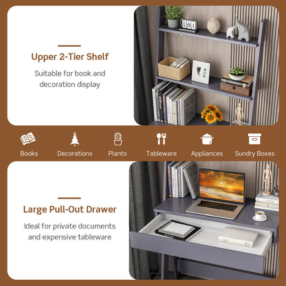 Ladder Shelf Desk Bookcase with Countertop Drawer and 2 Shelves-Gray - Gray