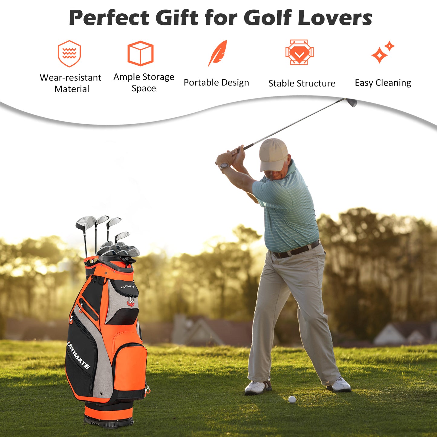 10.5 Inch Golf Stand Bag with 14 Way Dividers and 7 Zippered Pockets-Orange