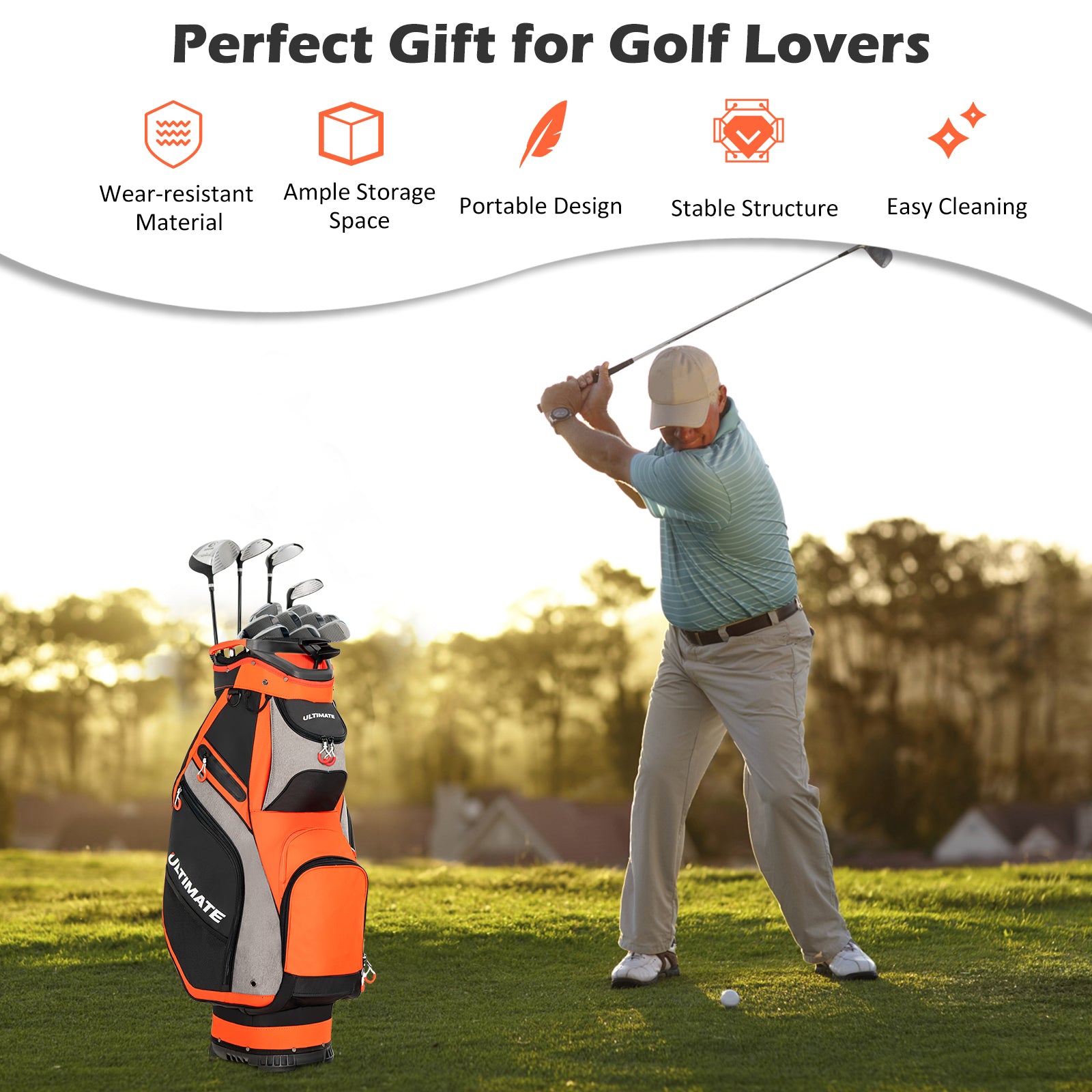 10.5 Inch Golf Stand Bag with 14 Way Dividers and 7 Zippered Pockets-Orange