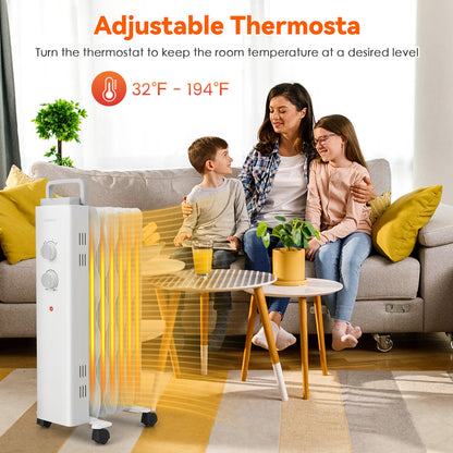 1500W Oil Filled Space Heater with Universal Wheels and 3-Level Heat-White