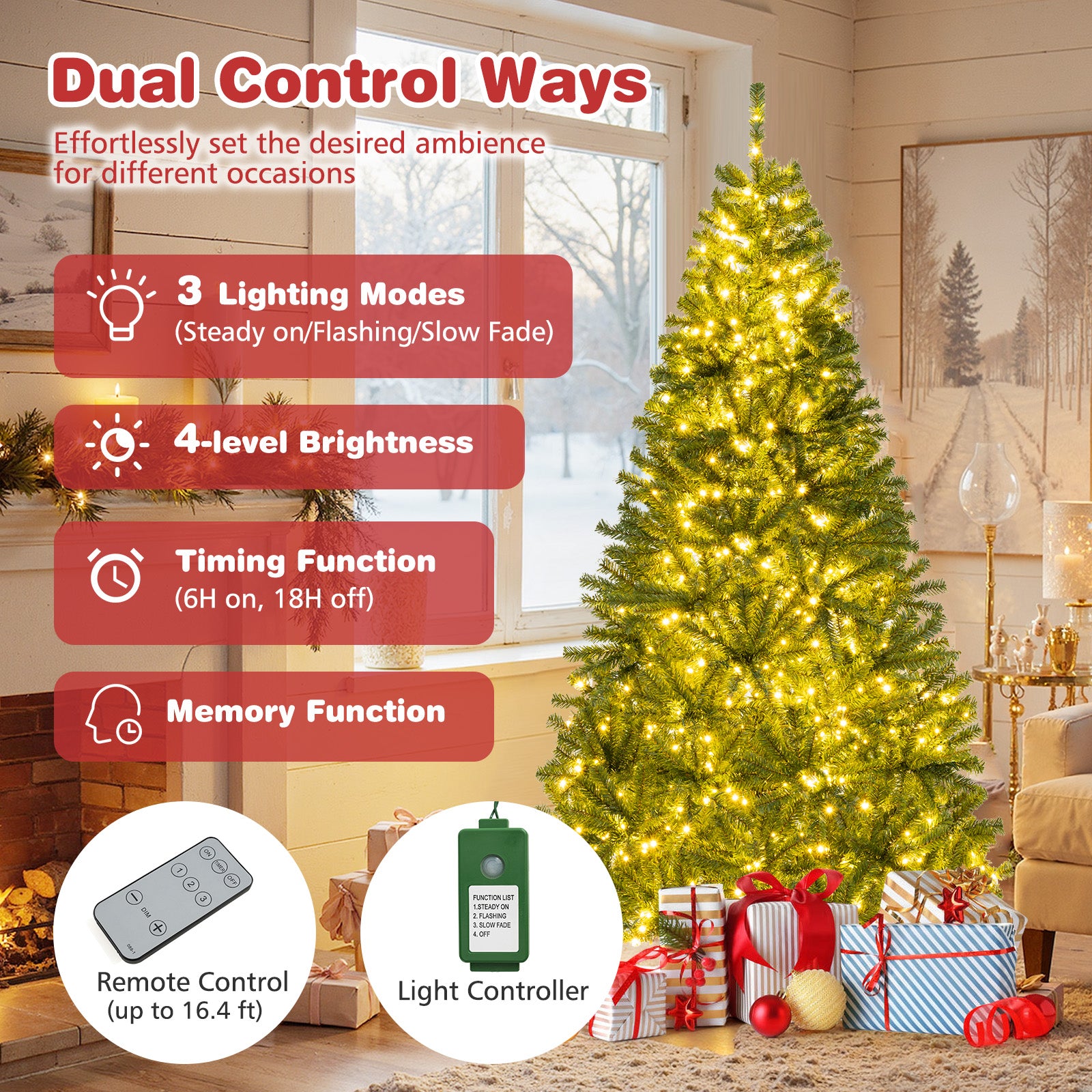 6/7/8 FT Pre-Lit Artificial Christmas Tree with Remote Control and LED Lights-7ft