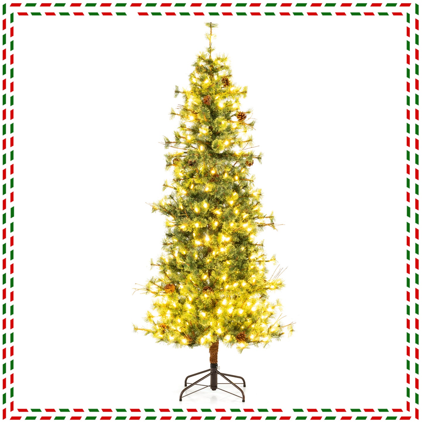 6/7/8 Feet Artificial Christmas Tree Pre-lit Hinged Xmas Tree with Warm White LED Lights and Pine Cones-7ft
