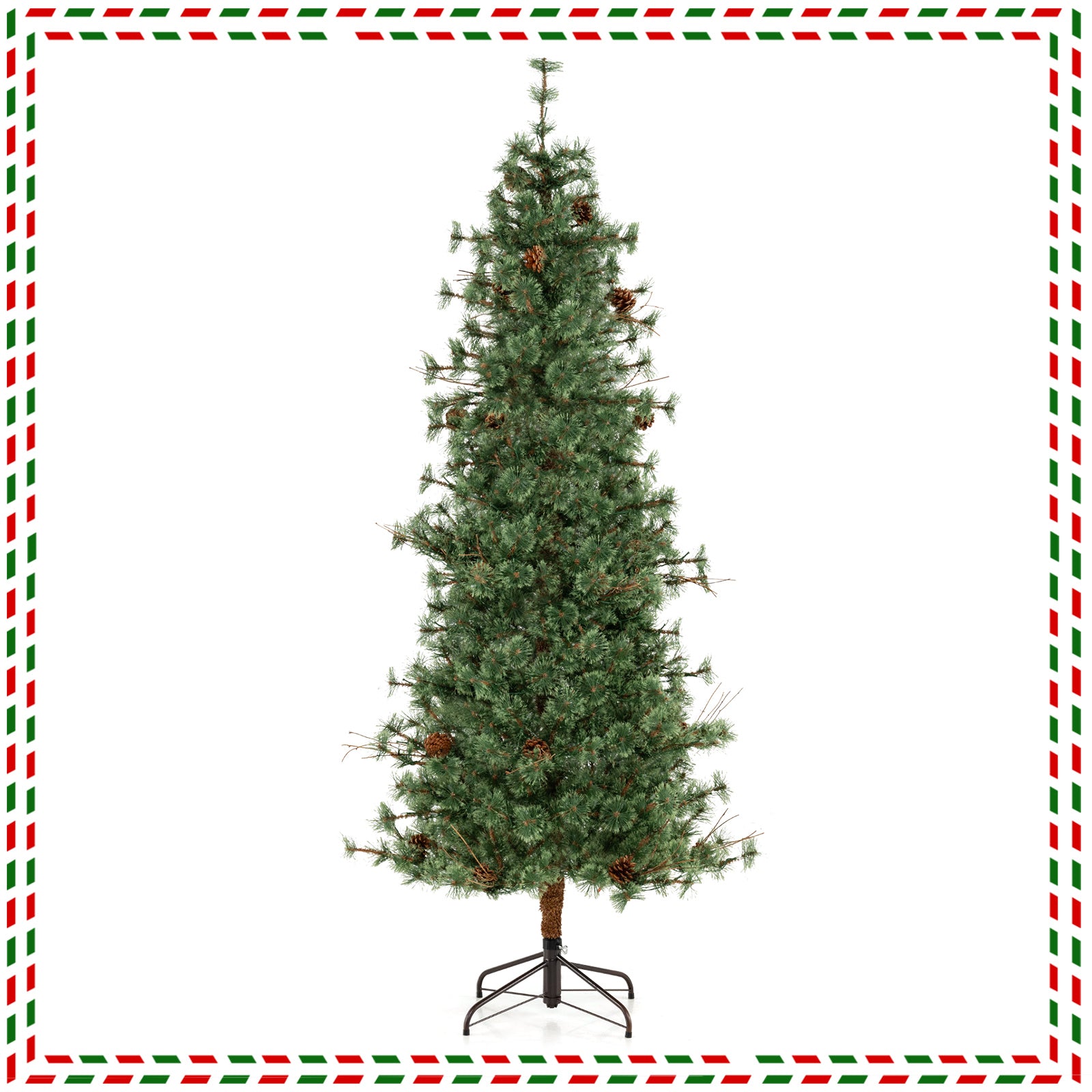 6/7/8 Feet Artificial Christmas Tree Pre-lit Hinged Xmas Tree with Warm White LED Lights and Pine Cones-7ft