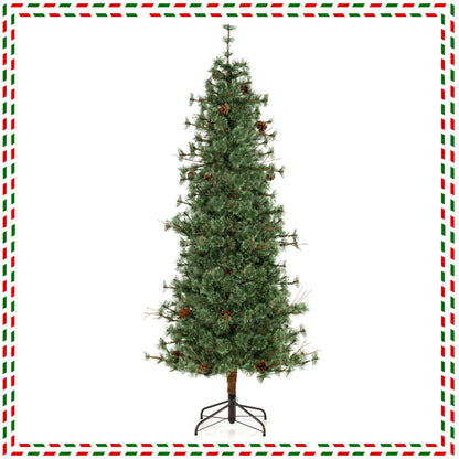 6/7/8 Feet Artificial Christmas Tree Pre-lit Hinged Xmas Tree with Warm White LED Lights and Pine Cones-7ft