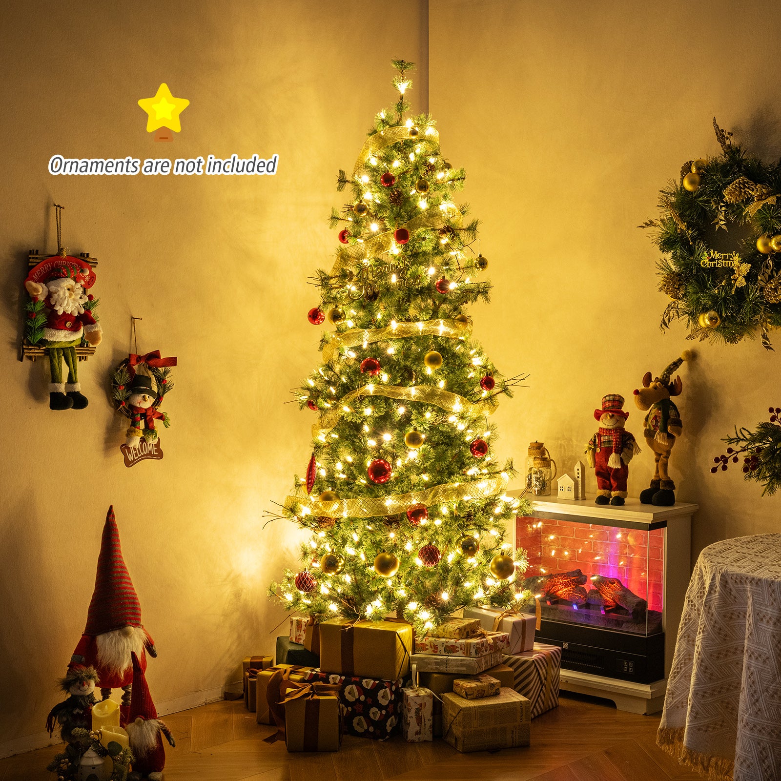 6/7/8 Feet Artificial Christmas Tree Pre-lit Hinged Xmas Tree with Warm White LED Lights and Pine Cones-7ft