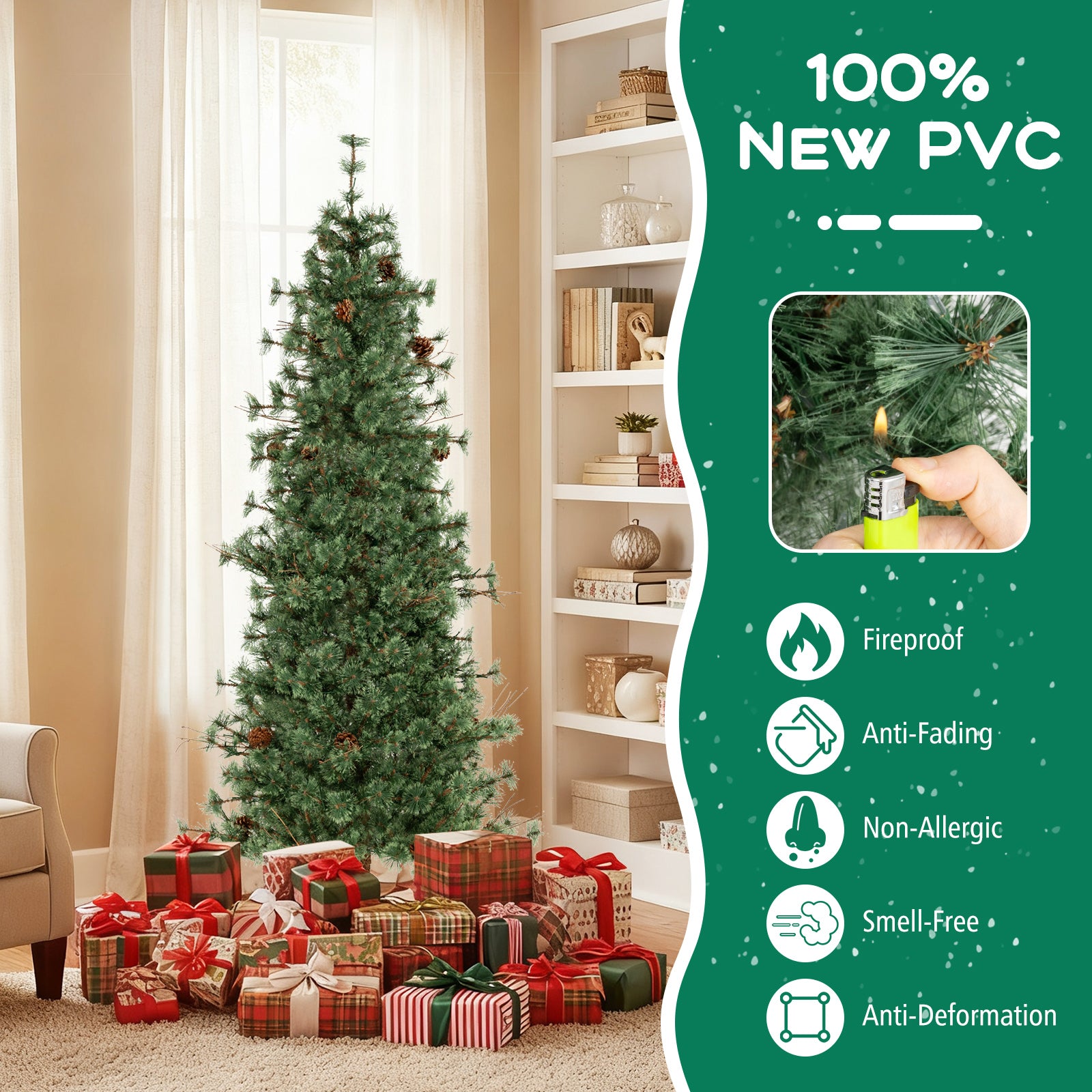 6/7/8 Feet Artificial Christmas Tree Pre-lit Hinged Xmas Tree with Warm White LED Lights and Pine Cones-7ft