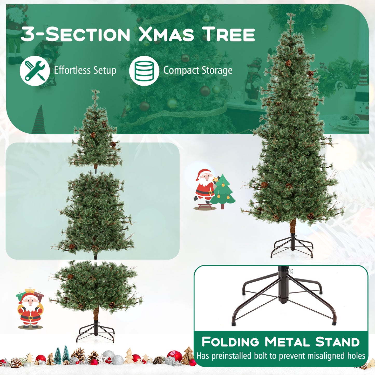 6/7/8 Feet Artificial Christmas Tree Pre-lit Hinged Xmas Tree with Warm White LED Lights and Pine Cones-7ft