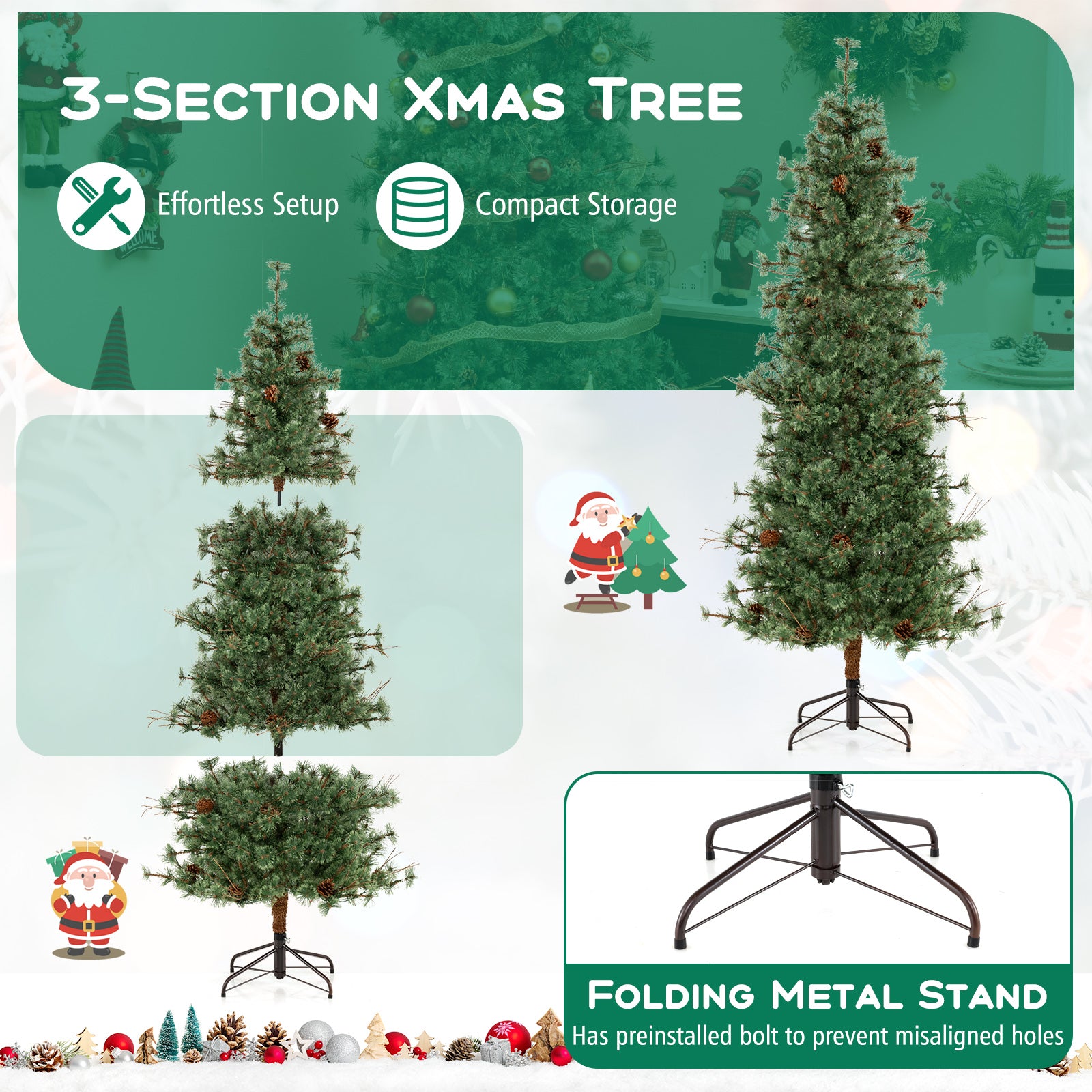 6/7/8 Feet Artificial Christmas Tree Pre-lit Hinged Xmas Tree with Warm White LED Lights and Pine Cones-7ft