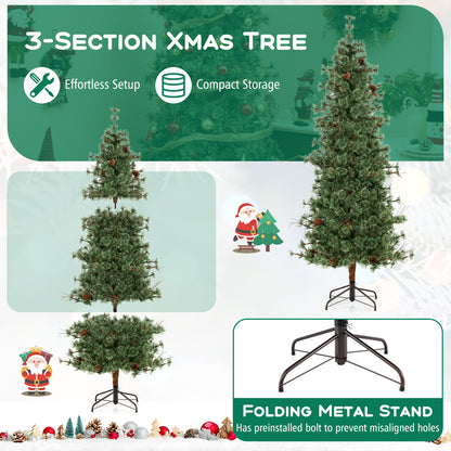 6/7/8 Feet Artificial Christmas Tree Pre-lit Hinged Xmas Tree with Warm White LED Lights and Pine Cones-7ft