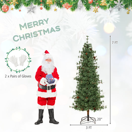 6/7/8 Feet Artificial Christmas Tree Pre-lit Hinged Xmas Tree with Warm White LED Lights and Pine Cones-7ft