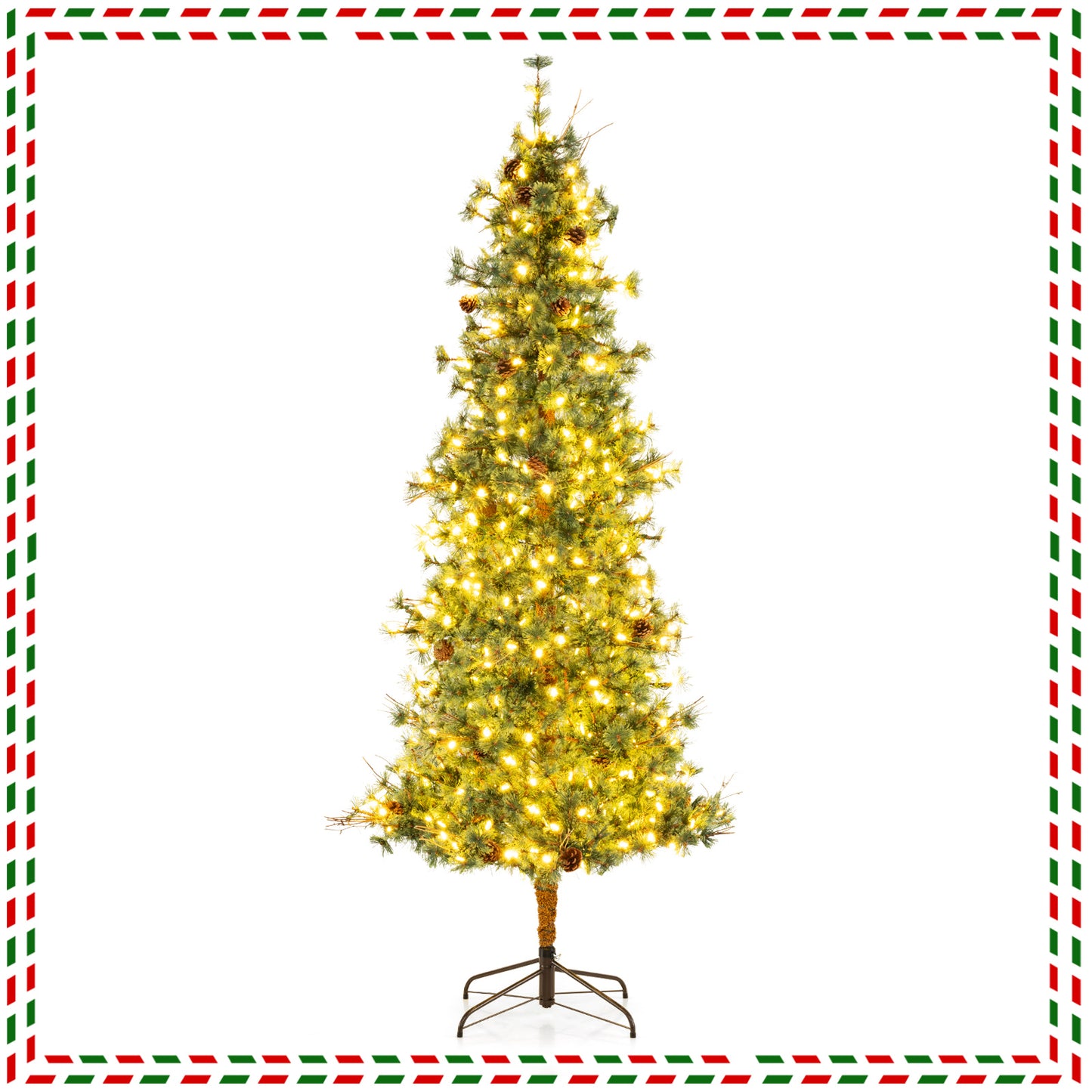 6/7/8 Feet Artificial Christmas Tree Pre-lit Hinged Xmas Tree with Warm White LED Lights and Pine Cones-8ft