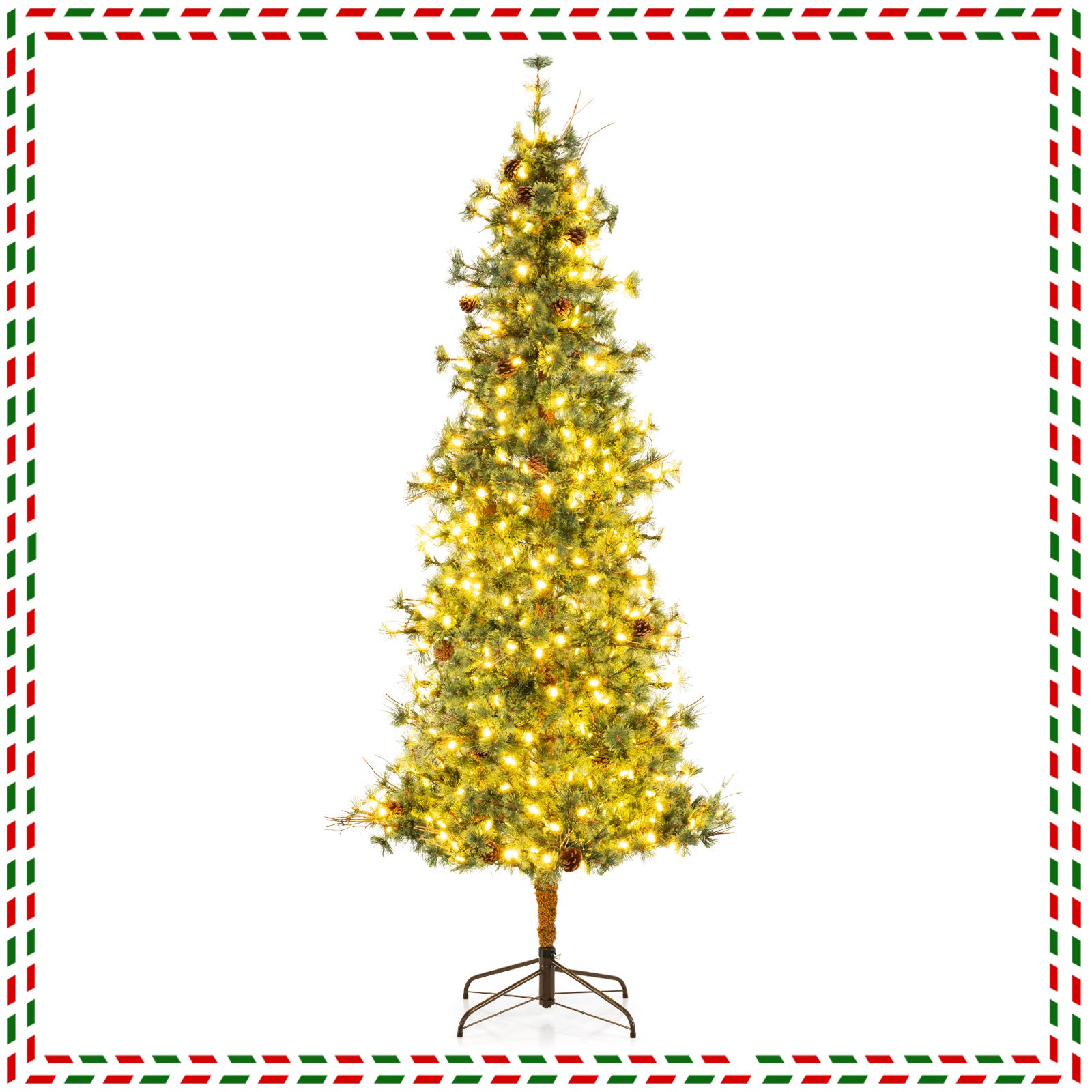 6/7/8 Feet Artificial Christmas Tree Pre-lit Hinged Xmas Tree with Warm White LED Lights and Pine Cones-8ft