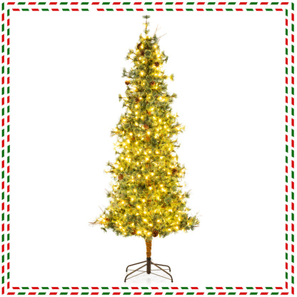 6/7/8 Feet Artificial Christmas Tree Pre-lit Hinged Xmas Tree with Warm White LED Lights and Pine Cones-8ft