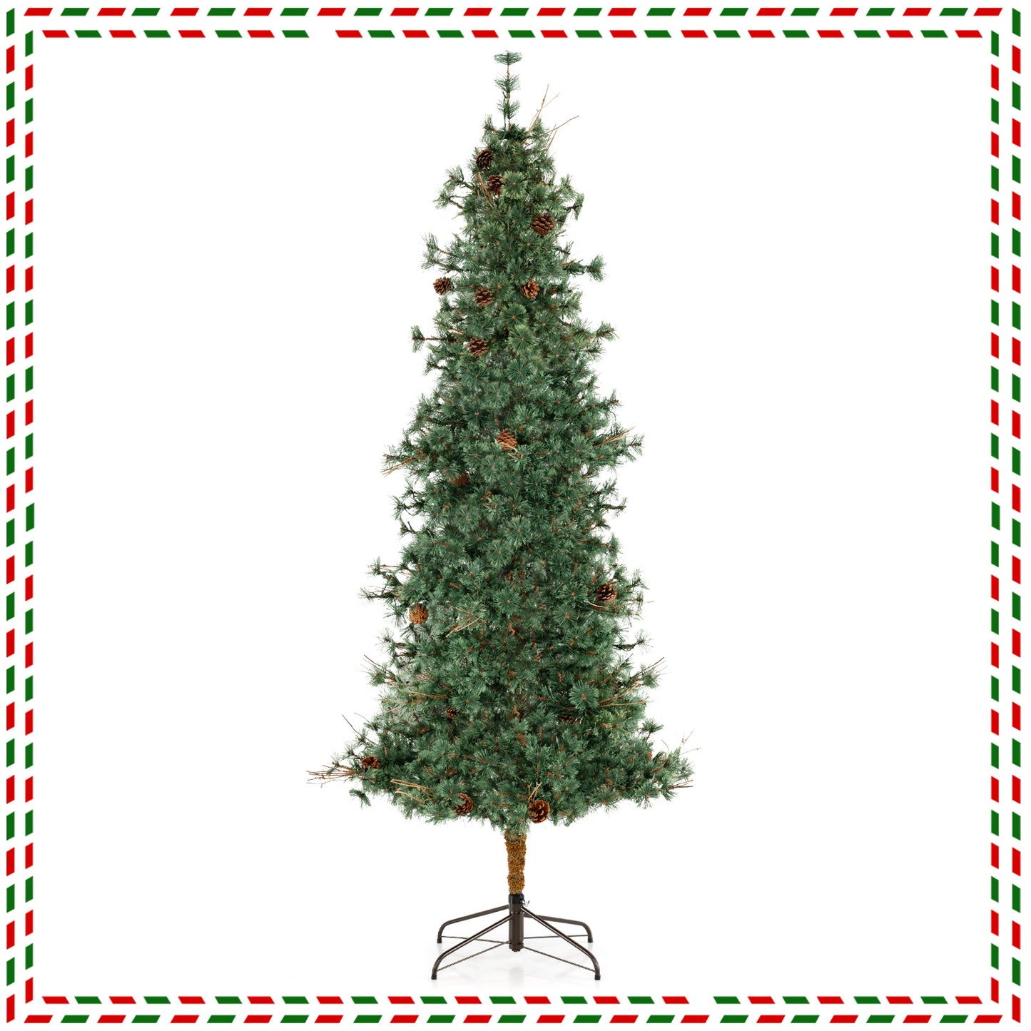6/7/8 Feet Artificial Christmas Tree Pre-lit Hinged Xmas Tree with Warm White LED Lights and Pine Cones-8ft