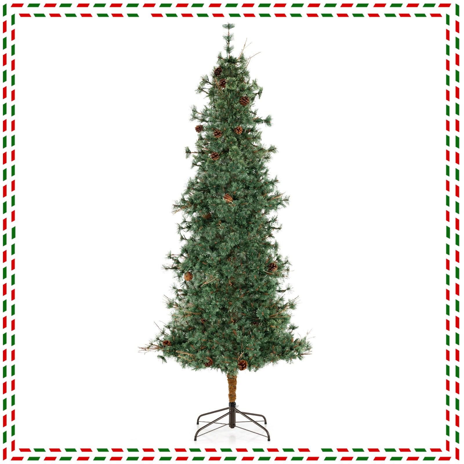 6/7/8 Feet Artificial Christmas Tree Pre-lit Hinged Xmas Tree with Warm White LED Lights and Pine Cones-8ft