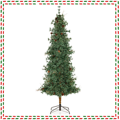6/7/8 Feet Artificial Christmas Tree Pre-lit Hinged Xmas Tree with Warm White LED Lights and Pine Cones-8ft
