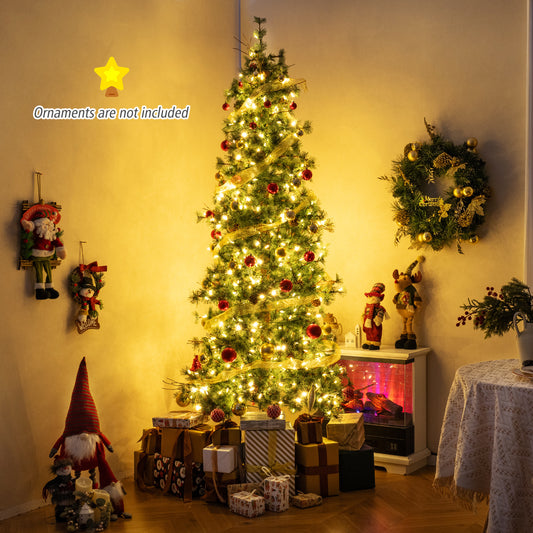 6/7/8 Feet Artificial Christmas Tree Pre-lit Hinged Xmas Tree with Warm White LED Lights and Pine Cones-8ft